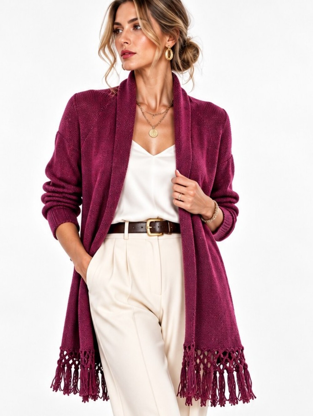 Lilly Pulitzer Sweater Raspberry Pink Long Cardigan Fringe Hemline Tatum